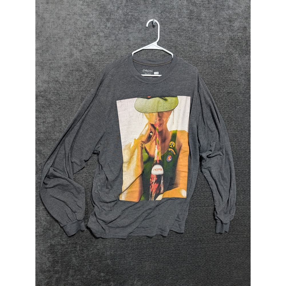 Pepsi Graphic Long Sleeve T-Shirt Mens 3XL Gray Retro Soda Bottle Print 1138